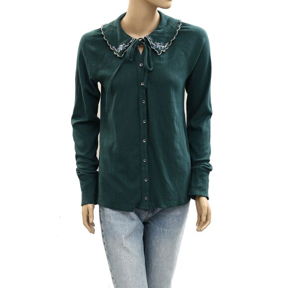 Free People Juniper Long Sleeve Cardi Top Buttondown Embroidered M NEW 284327 - Picture 4 of 7